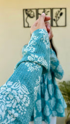 Katha Cotton Blue Flared Floral Print Aliacut Peplum Top