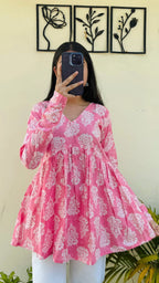 Cotton Katha Peach Printed Aliacut Peplum Top
