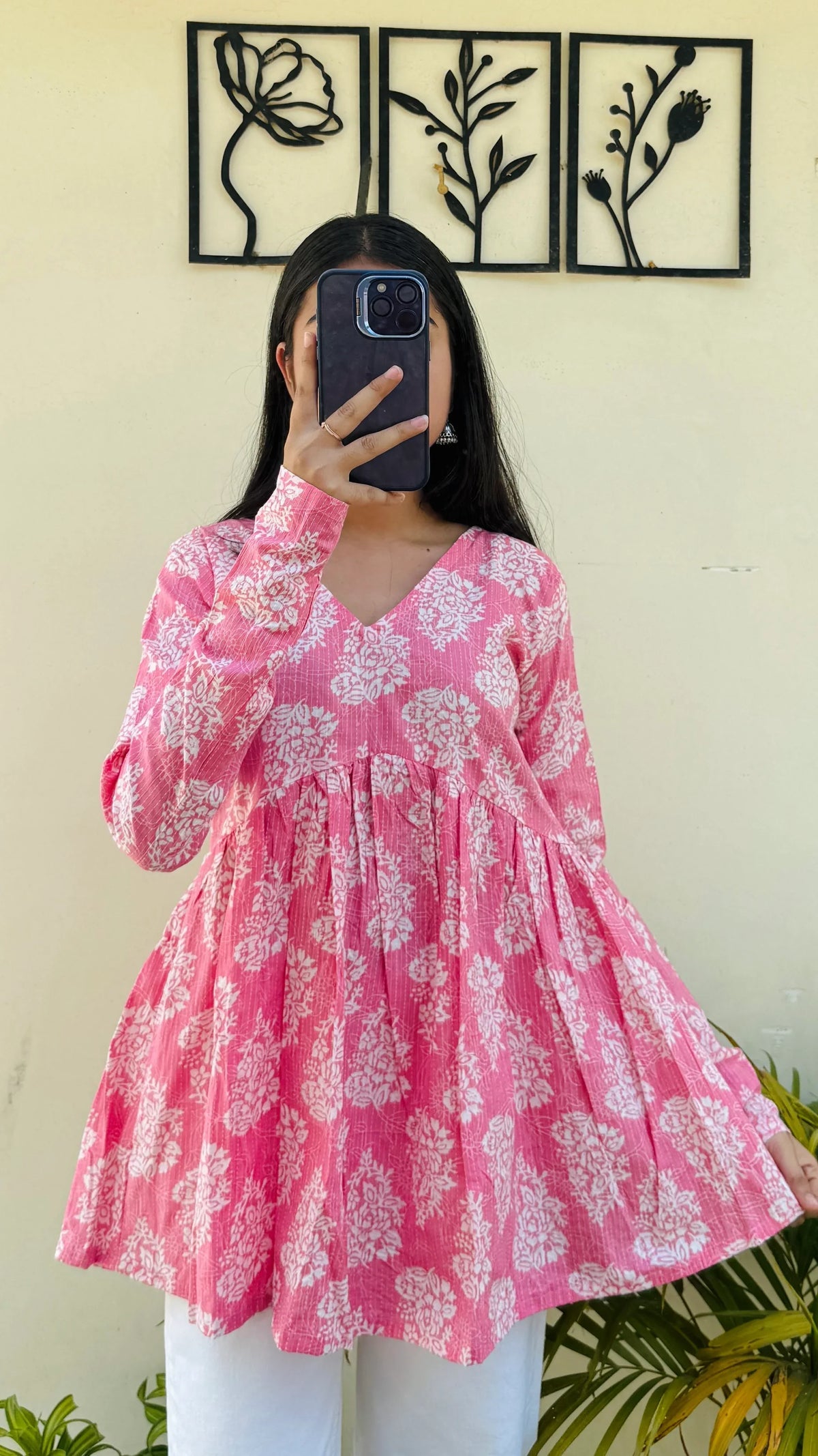 Cotton Katha Peach Printed Aliacut Peplum Top