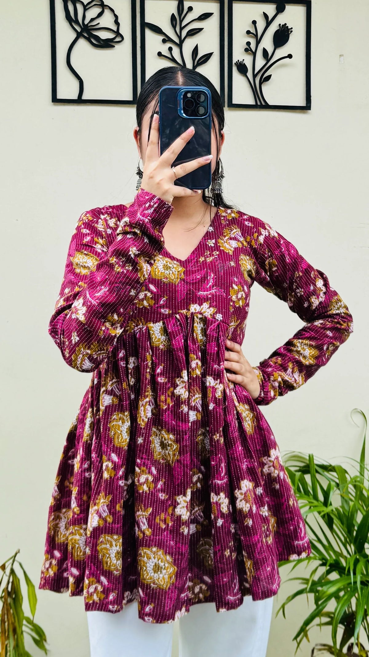 Cotton Katha Flared Wine Aliacut Floral Print Peplum Top