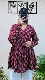 Cotton Flared Maroon Aliacut Ajarakh Print Peplum Top