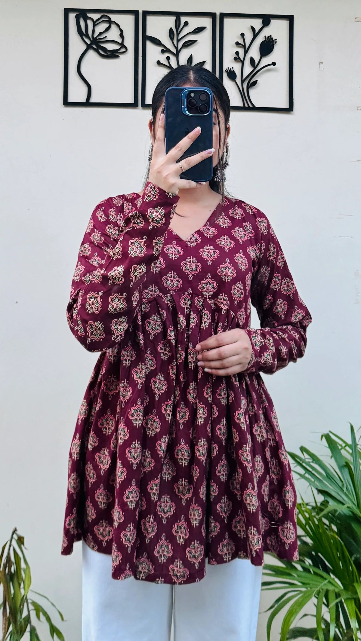 Cotton Flared Maroon Aliacut Ajarakh Print Peplum Top