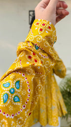 Cotton Yellow Flared Printed Aliacut Peplum Top