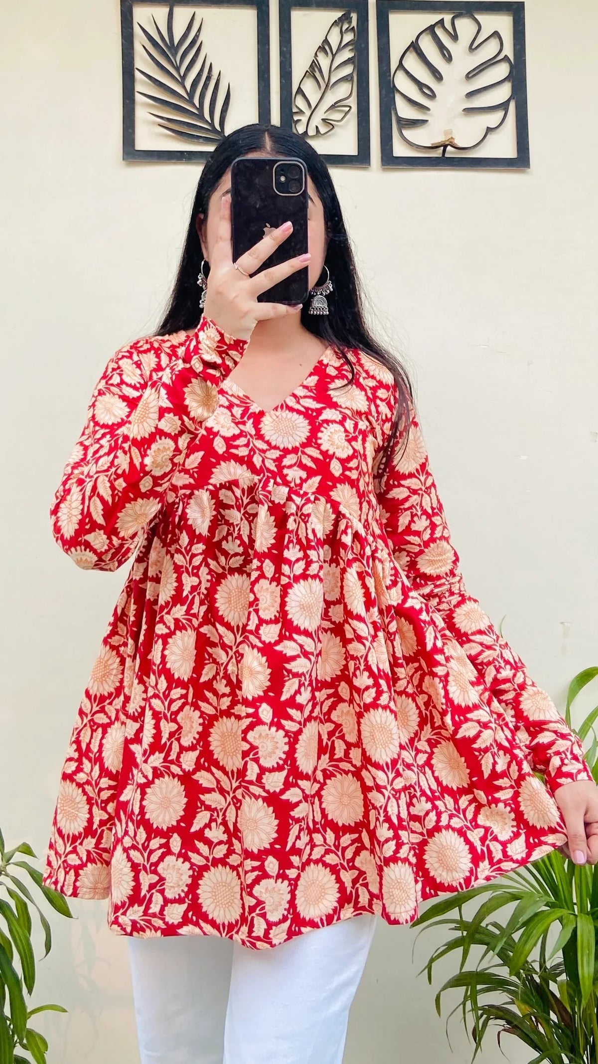 Cotton Flared Red Aliacut Printed Peplum Top