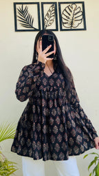 Cotton Black Flared Floral Print Aliacut Peplum Top